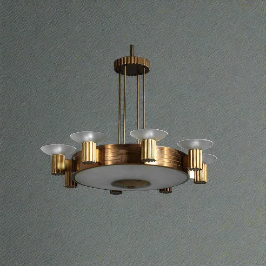 Art Deco Brass Chandelier | Vintage Stepped Frame with Frosted Uplights | Statement Pendant for Dining or Foyer
