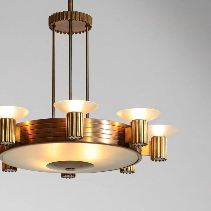 Art Deco Brass Chandelier | Vintage Stepped Frame with Frosted Uplights | Statement Pendant for Dining or Foyer