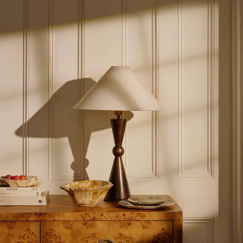 Art Deco Bronze Table Lamp Linen Shade – Modern Geometric Lighting for Bedroom Living Room Casalolalights Luxury Lamps