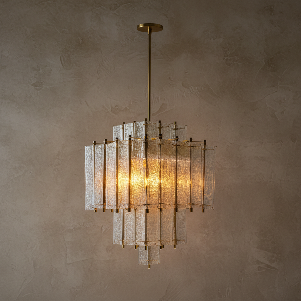 A modern multi-tiered chandelier with textured clear glass shades and a brushed brass or bronze metal frame, suspended against a textured beige plaster wall.