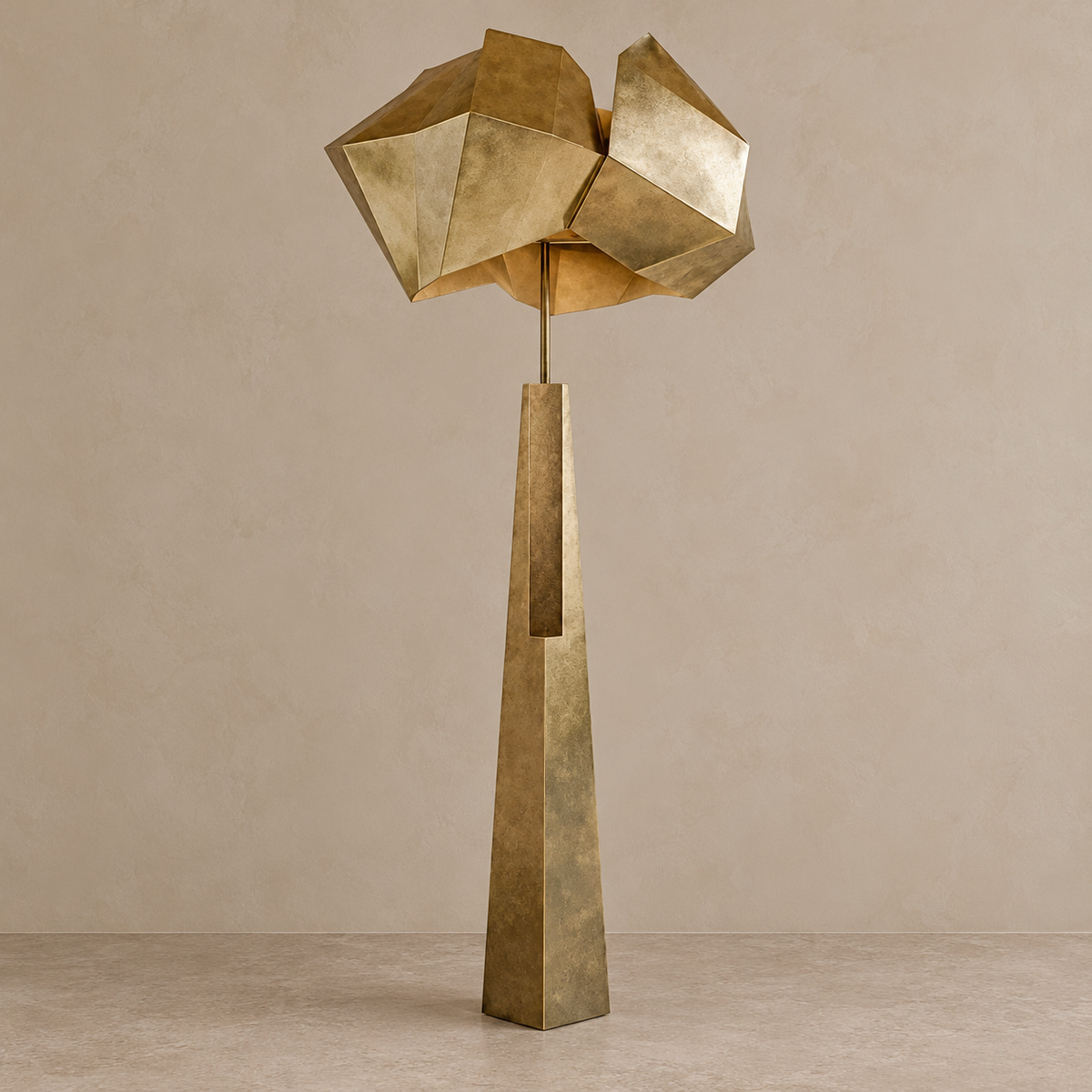 Aventine floor lamp in antique gold, switched off against a stone-beige background