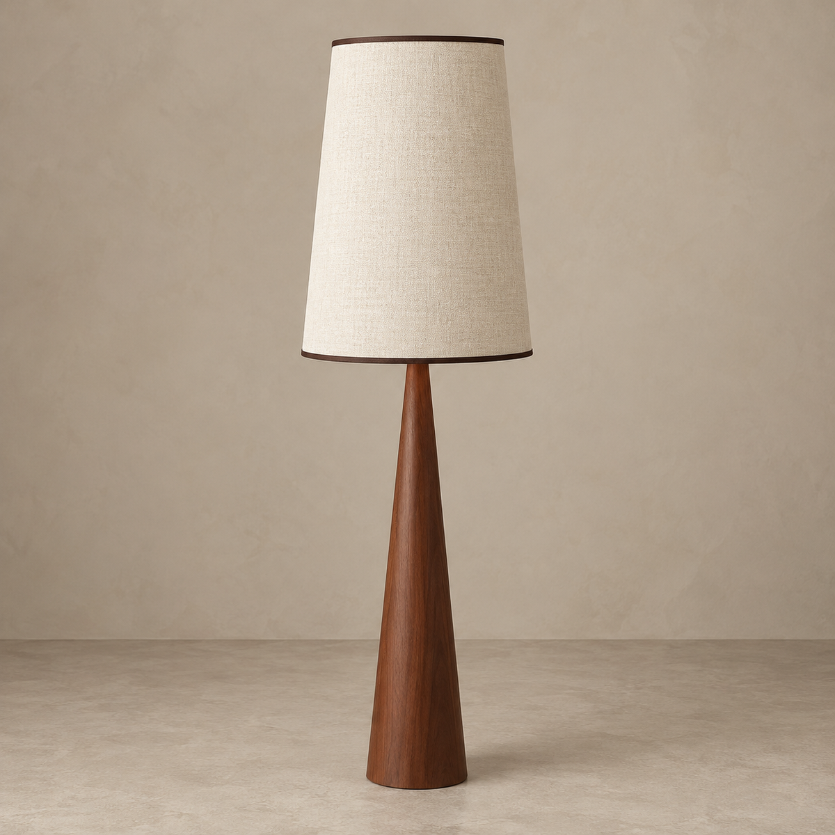 CLBAK Walnut-New variant switched off with its tall fabric shade and tapered wood column.