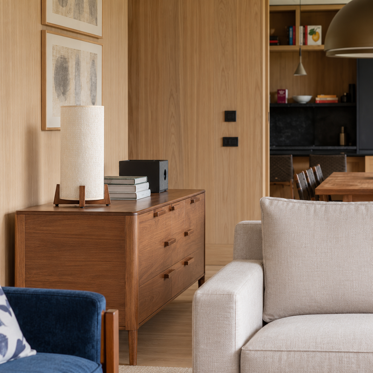 Bamboo and Walnut table lamp on a living room chest