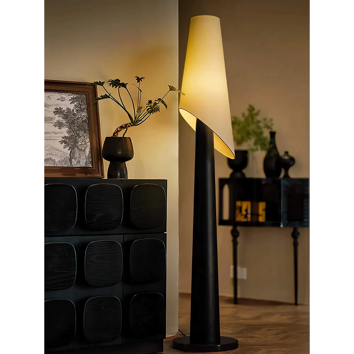 Black Ash Floor Lamp Linen Shade | Slim 30cm Profile 175cm Tall Sofa or Reading Chair Dimmable Option Casalola Lights