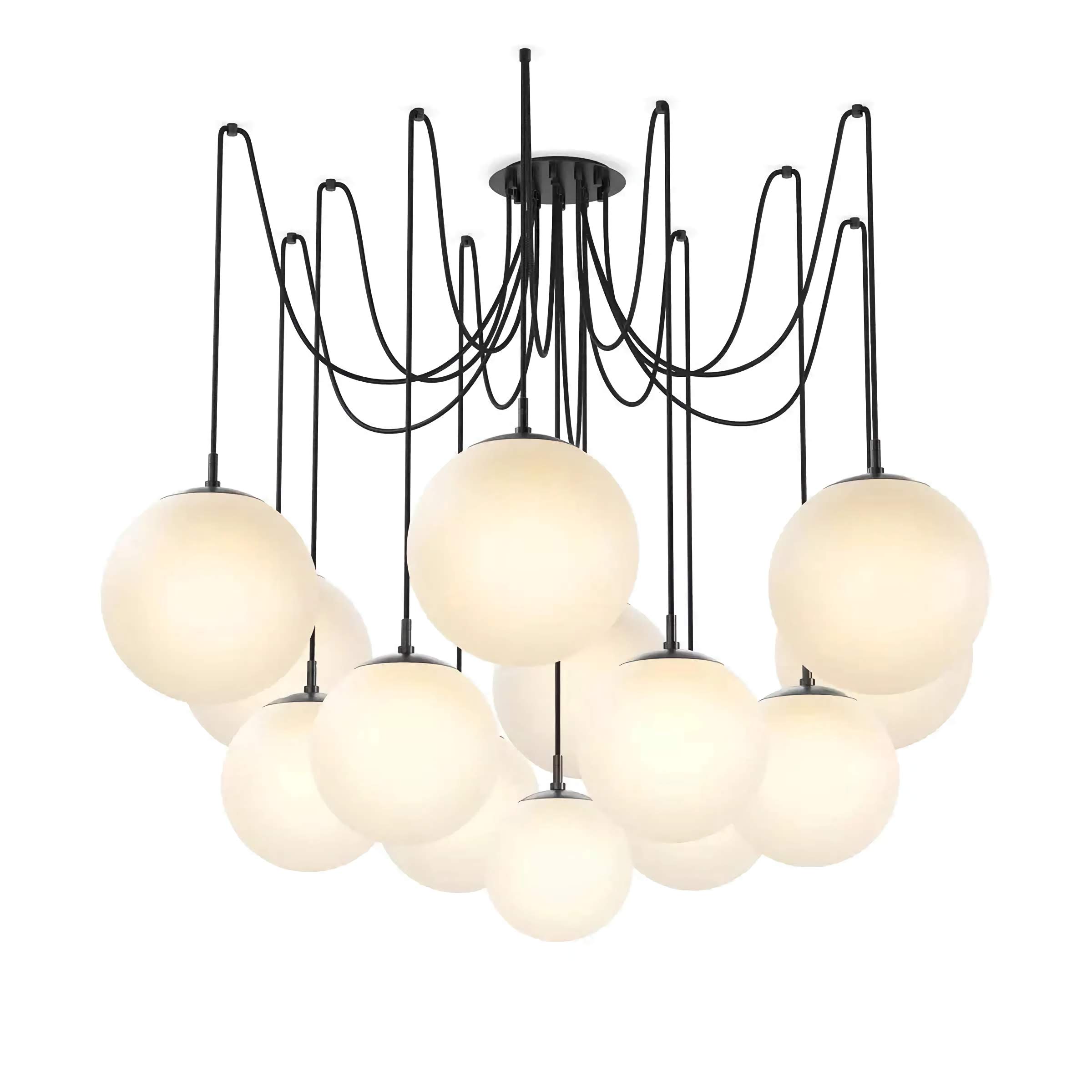 Black Globe Flush Mount Chandelier | 10-light Modern Ceiling Fixture | Opal Glass Pendant Cluster for Loft or Atrium