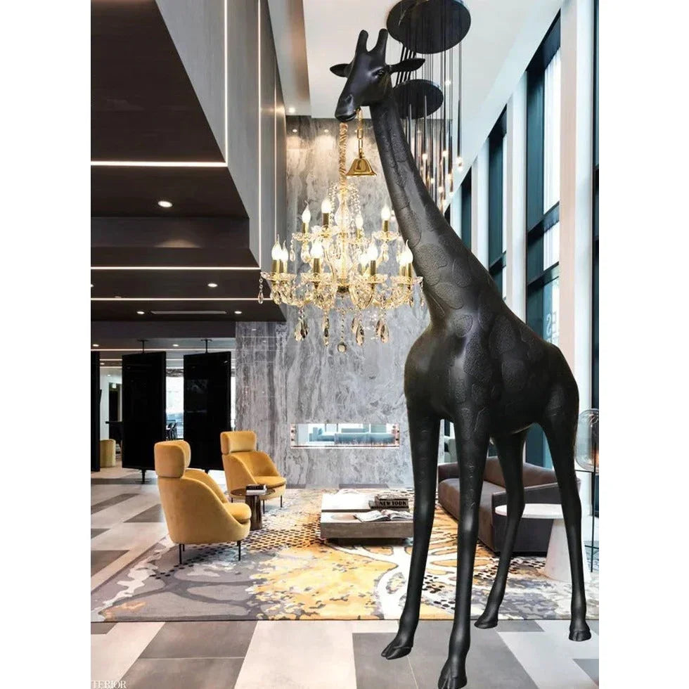 Tall Floor Lamp for Living Room Stairs | Sculpture with Crystal Chandelier | Black Giraffe