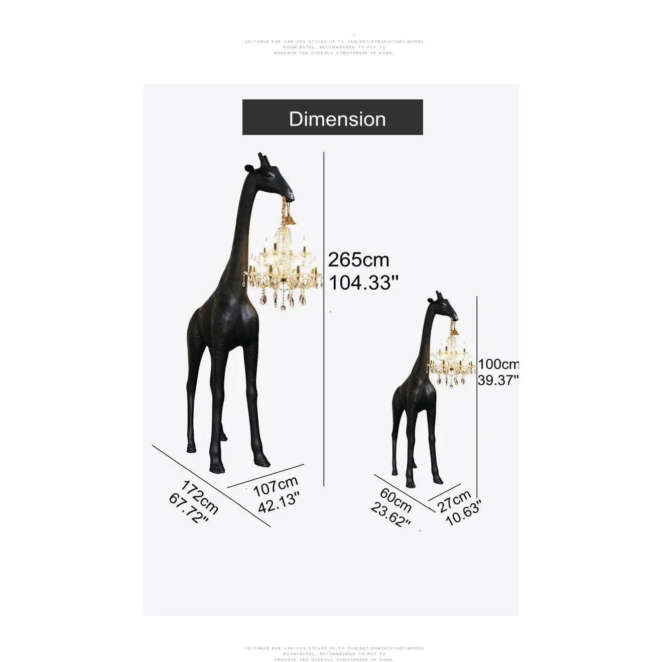 Tall Floor Lamp for Living Room Stairs | Sculpture with Crystal Chandelier | Black Giraffe