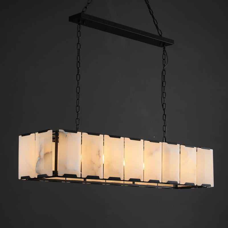 Matte black industrial steel frame with vertical alabaster panels glowing warm