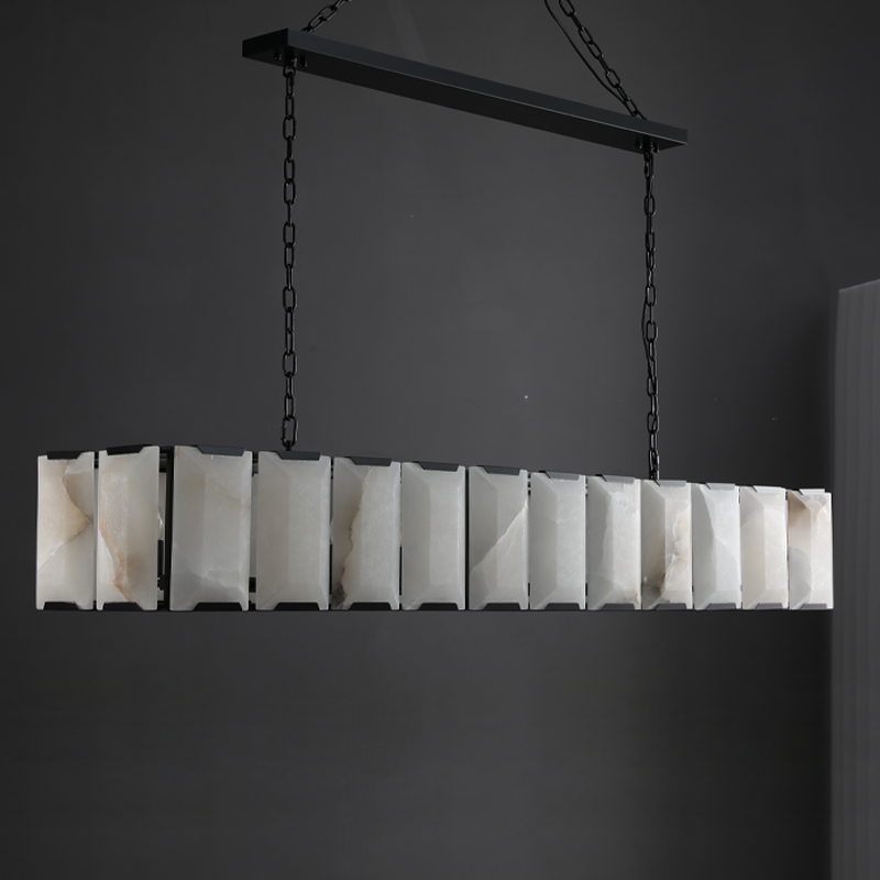 Black linear alabaster chandelier in an industrial-modern interior