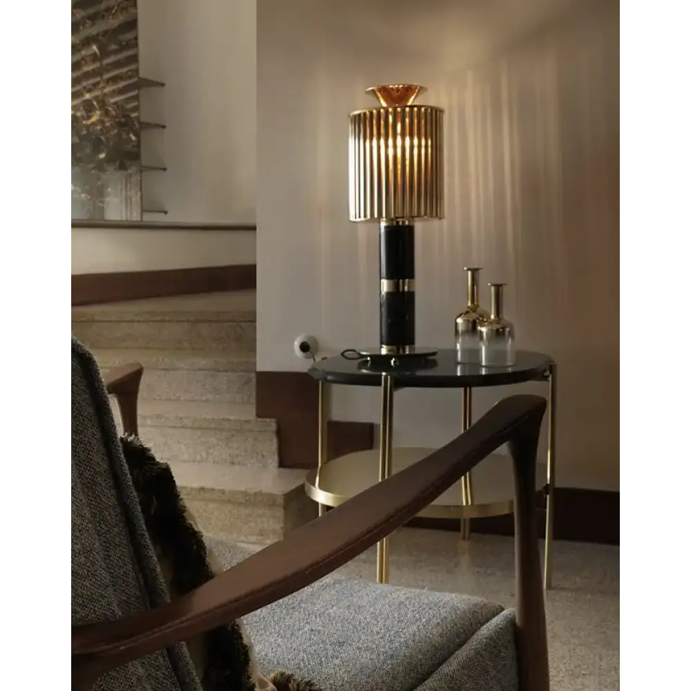 Black Marble & Brass Table Lamp | Art Deco Statement Lighting - Lamps