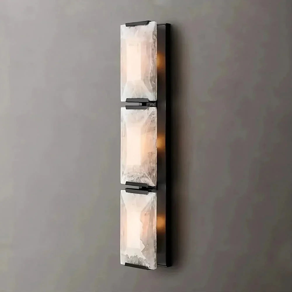 Triple Genuine Calcite Wall Sconce Black Steel | Tall Staircase Light Double Height Entry 3 Stones Casalola Lights