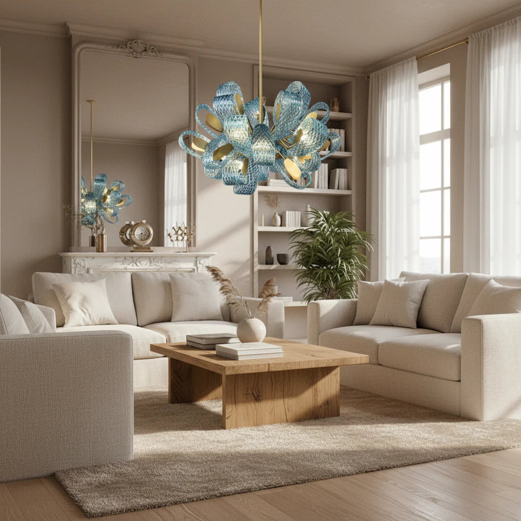 Blue Glass Chandelier 85cm | Hand-formed Ribbon Statement Light Brushed Gold Foyer Dining & Stairwell Casalolalights