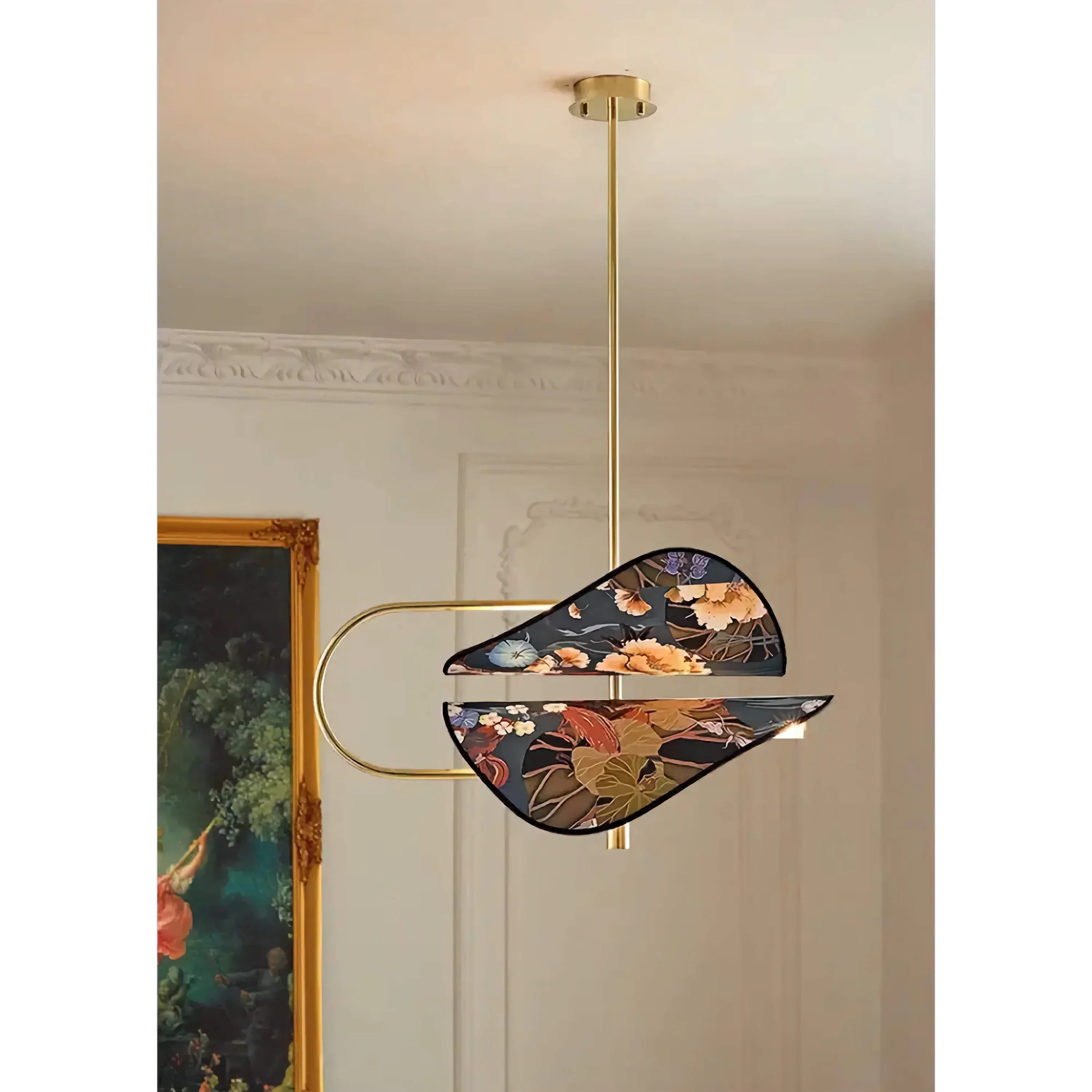 Modern Brass Pendant Light | Italian Akira Leaf Panels Hand Painted Floral | Luxury Dimmable Dining Fixture