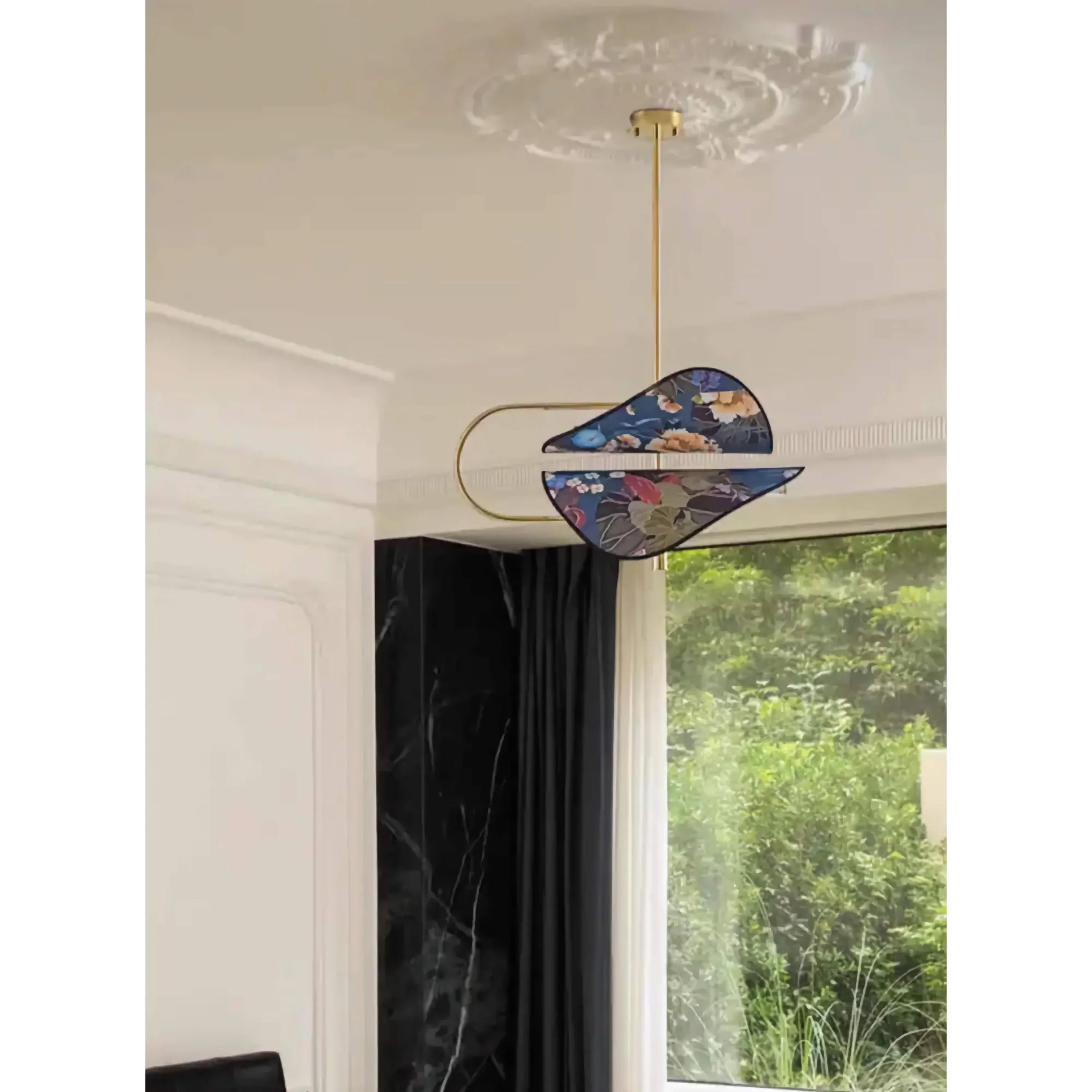 Modern Brass Pendant Light | Italian Akira Leaf Panels Hand Painted Floral | Luxury Dimmable Dining Fixture