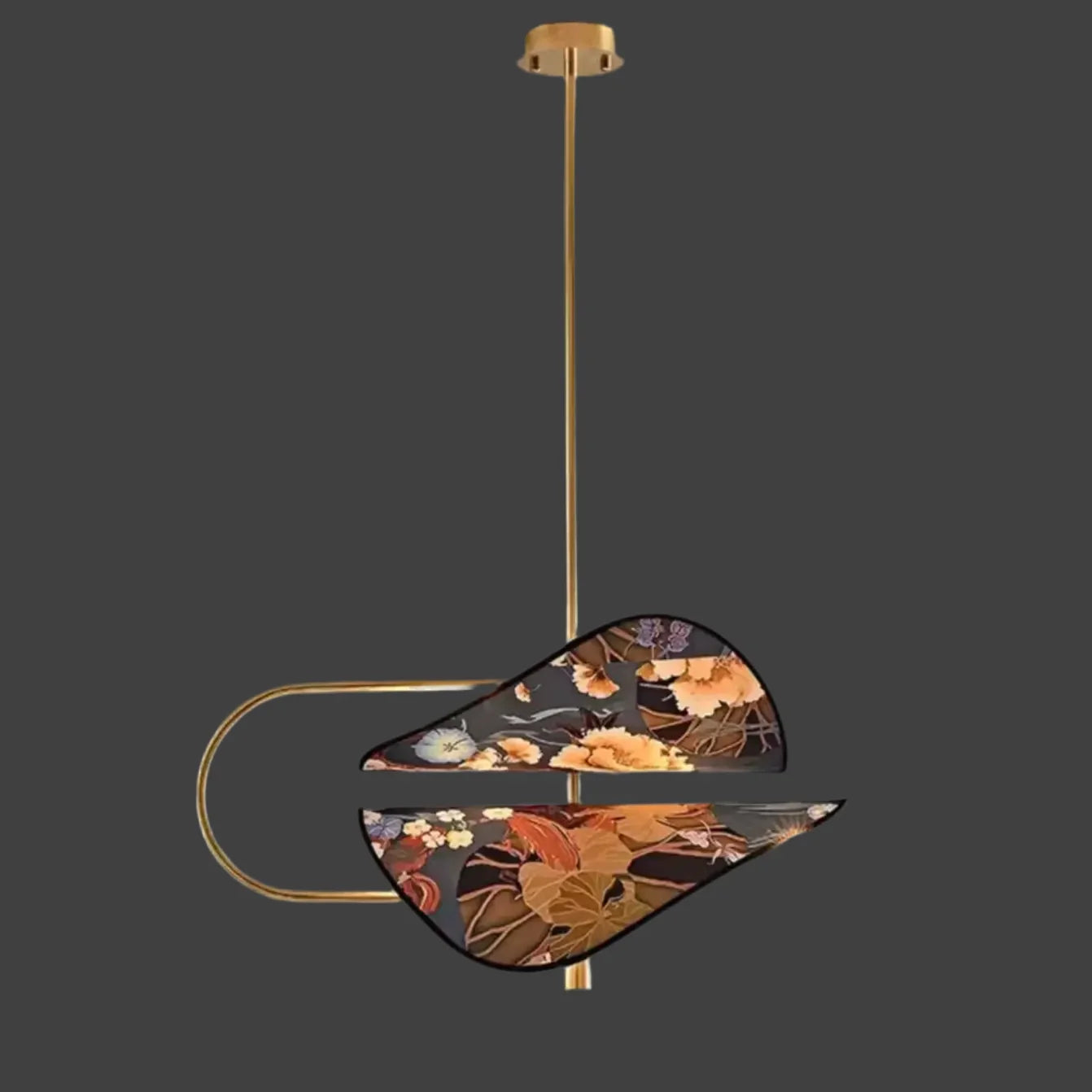Modern Brass Pendant Light | Italian Akira Leaf Panels Hand Painted Floral | Luxury Dimmable Dining Fixture