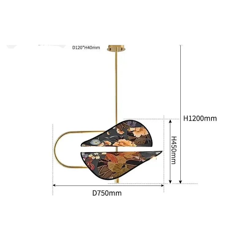 Modern Brass Pendant Light | Italian Akira Leaf Panels Hand Painted Floral | Luxury Dimmable Dining Fixture