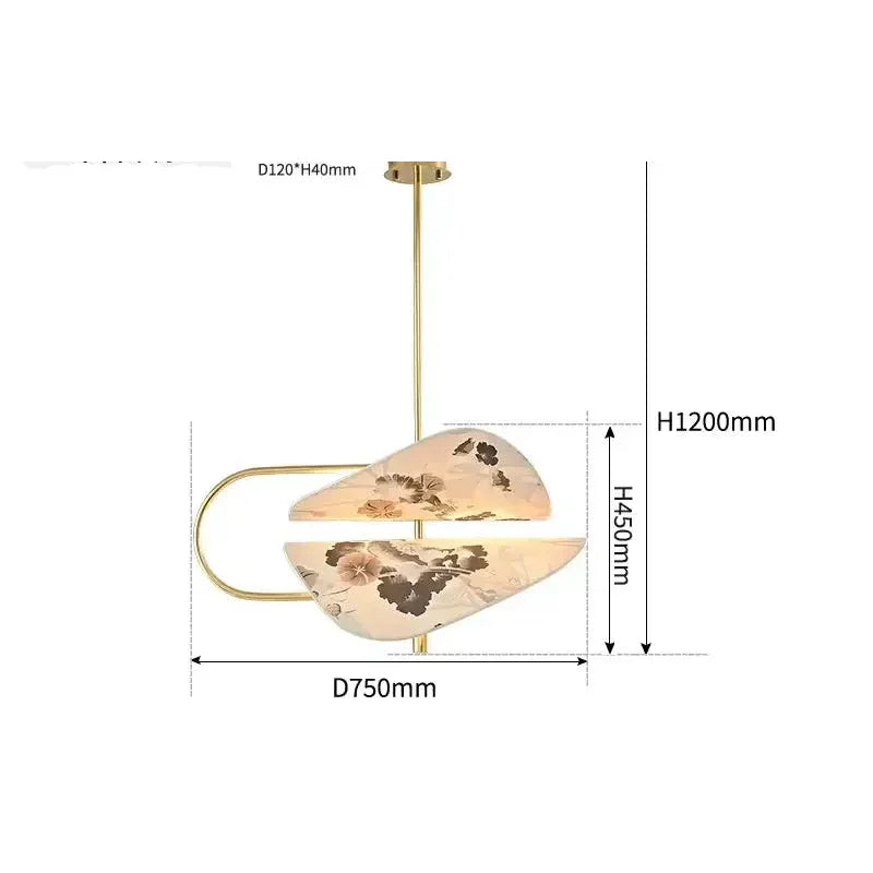 Modern Brass Pendant Light | Italian Akira Leaf Panels Hand Painted Floral | Luxury Dimmable Dining Fixture