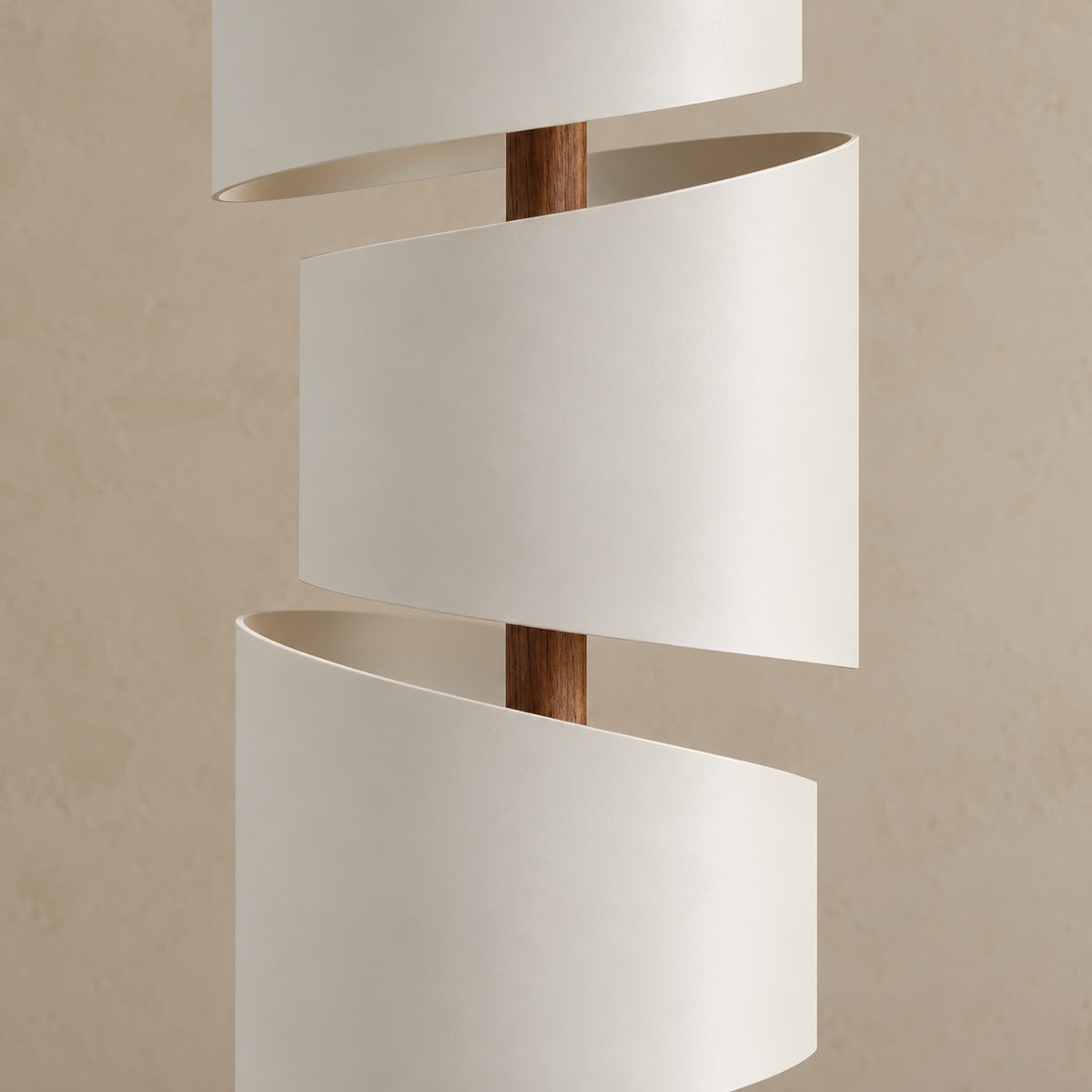 Close-up of Branzi’s curved metal shades and exposed wooden upright