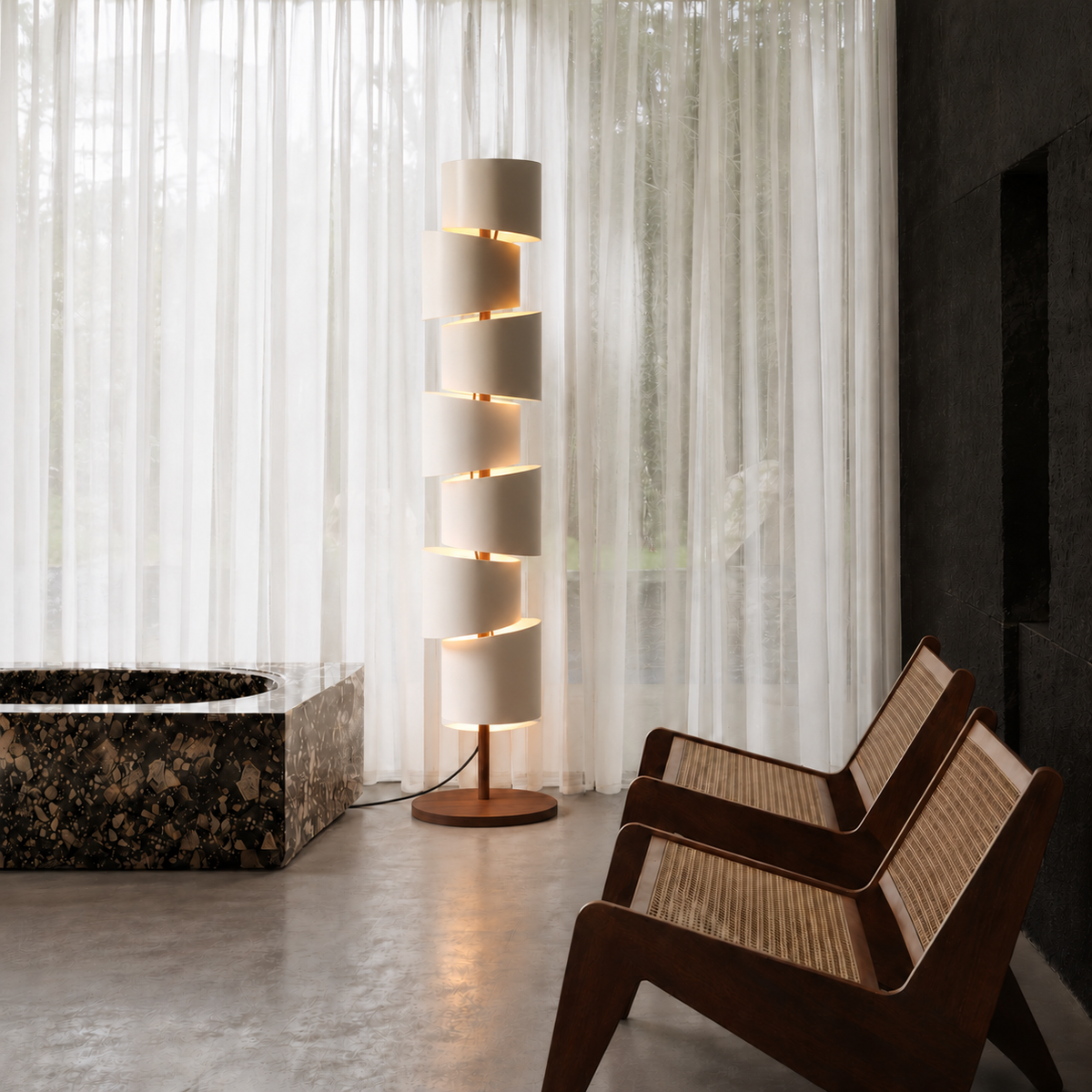 Branzi CL7895 floor lamp beside sheer curtains and cane armchairs