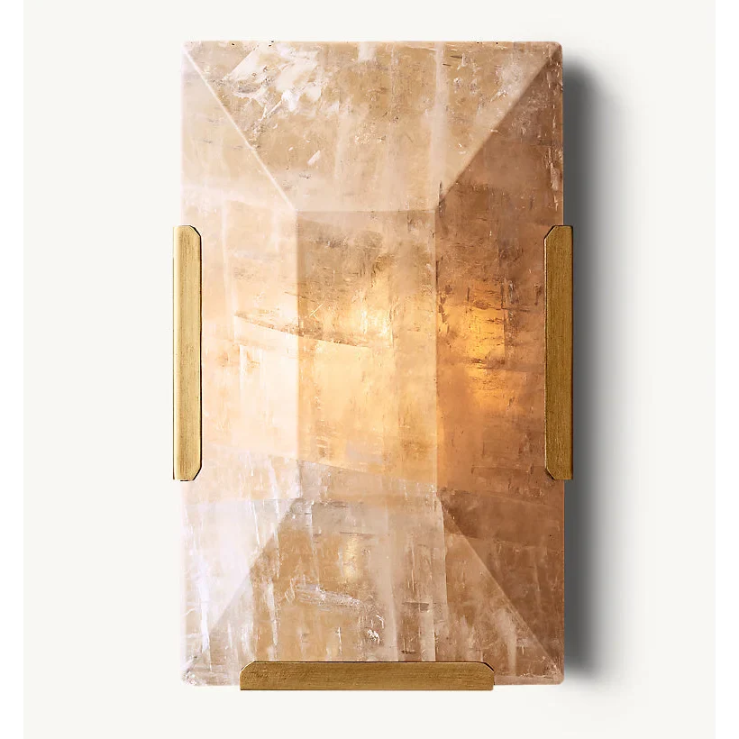 Hand-cut calcite slab in a copper frame glowing warm