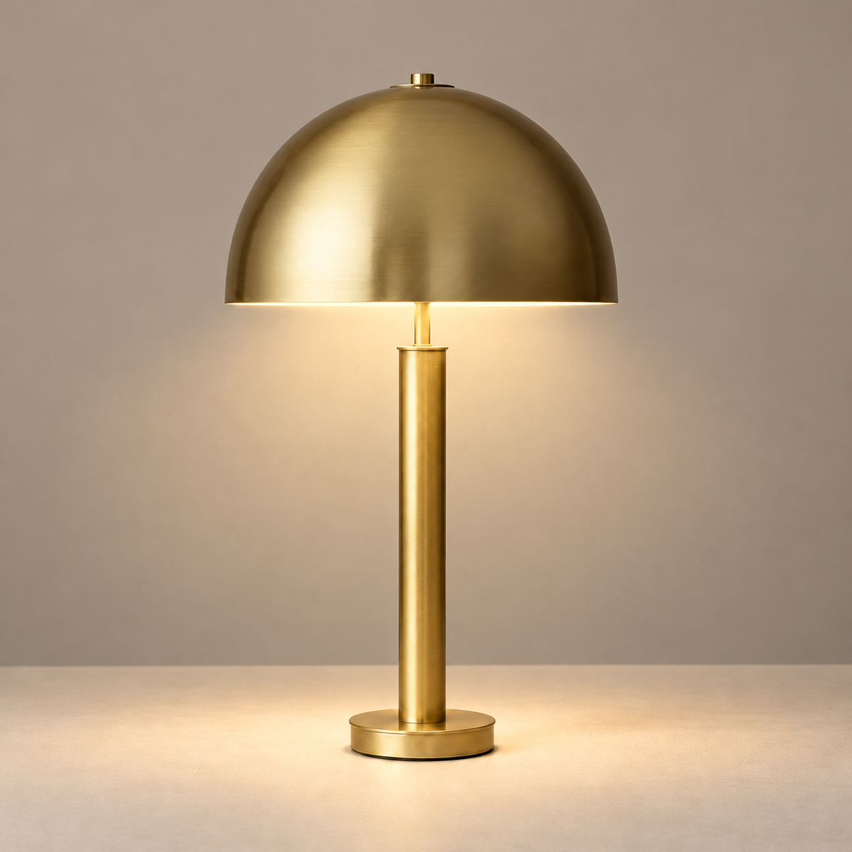 Dome Table Lamp, illuminated, on a beige background.