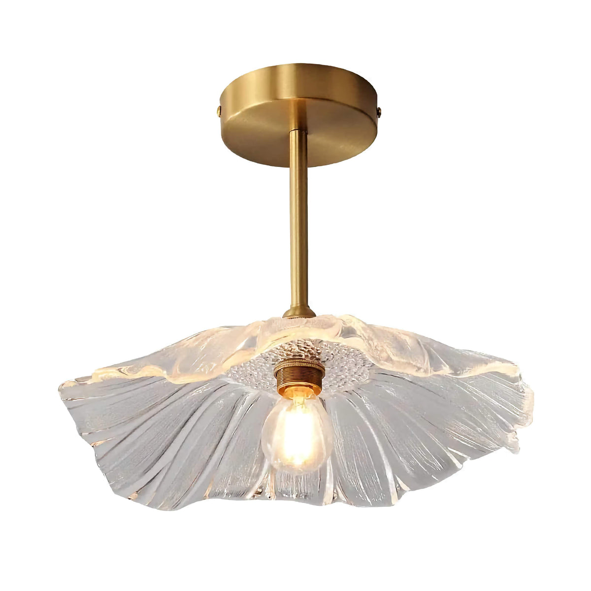 Glass Flower Semi Flush Mount Ceiling Light for Bedroom or Hallway | Brass 12 Inch Hand Formed Shade Casalola Lights