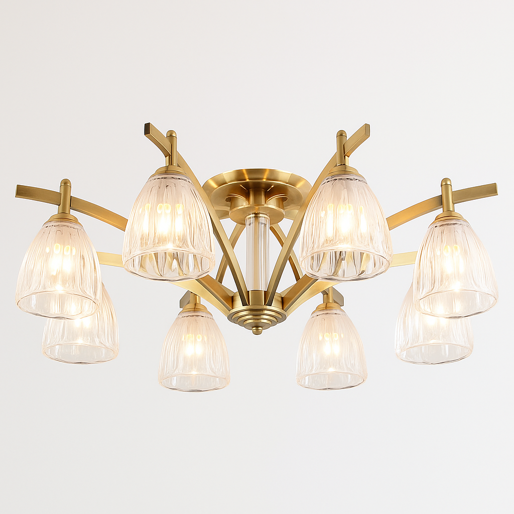 Fluted Glass Semi Flush Mount Ceiling Light for Living Room | Solid Brass 24 to 39 Inch 3 10 Lights Casalola Luxury