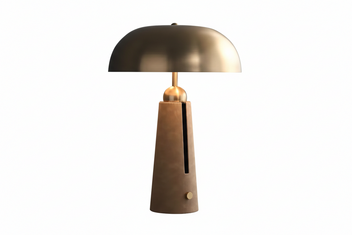 Gold Brass and Leather Table Lamp for Bedroom Office Desk | Dome Shade Mid Century Dimmable Option Casalola Lights