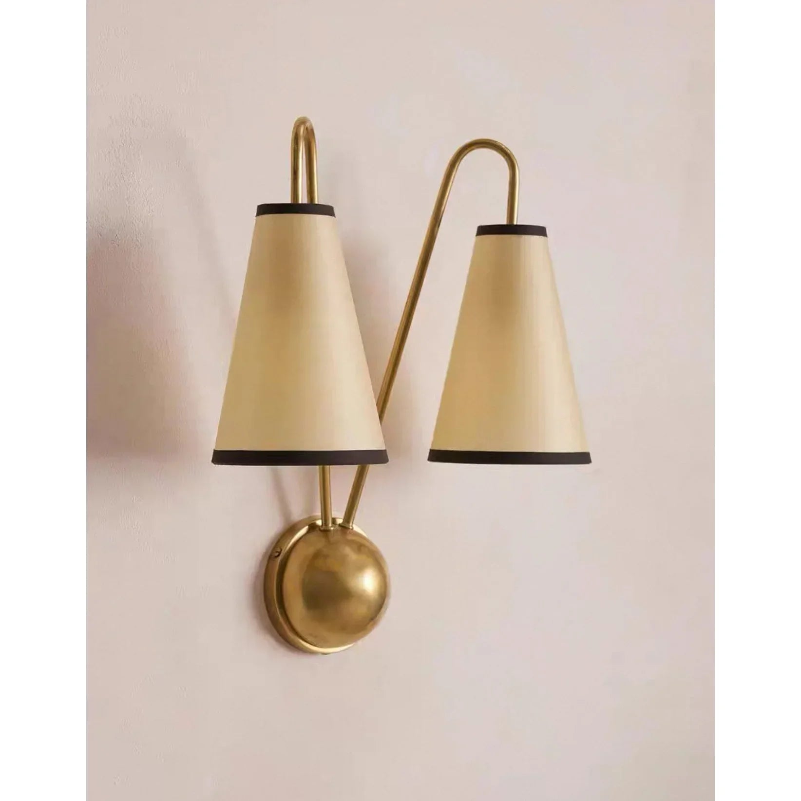 Brass Twin Arm Wall Sconce | Modern Cone Shade for Bedroom or Hallway