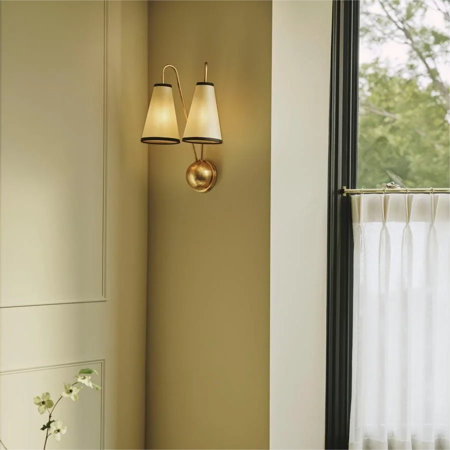 Double Arm Brass Wall Sconce Fabric Shades | Bedside Reading Light Plug in Option or Black Casalola Lights Luxury Lamps