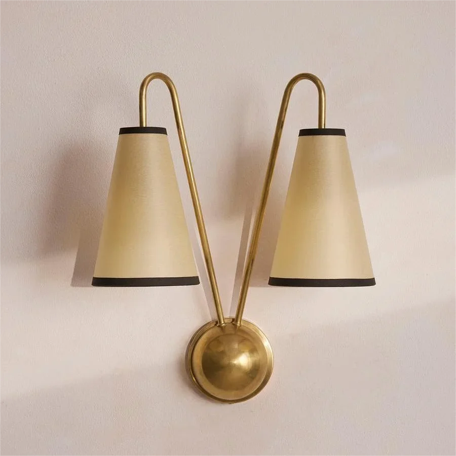 Double Arm Brass Wall Sconce Fabric Shades | Bedside Reading Light Plug in Option or Black Casalola Lights Luxury Lamps
