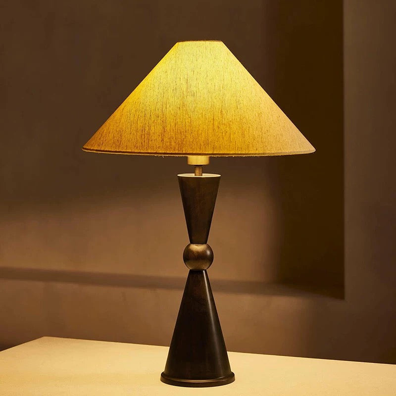 Bronze Table Lamp for Bedroom and Living Room | Geometric Base Linen Shade Art Deco Dimmable Option Casalola Lights