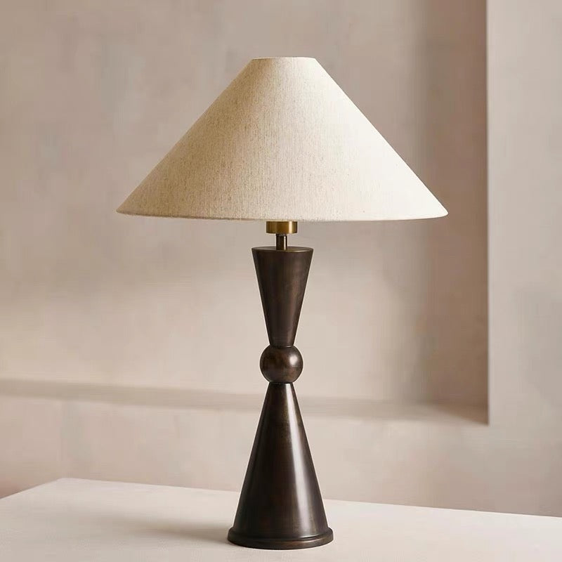 Bronze Table Lamp for Bedroom and Living Room | Geometric Base Linen Shade Art Deco Dimmable Option Casalola Lights