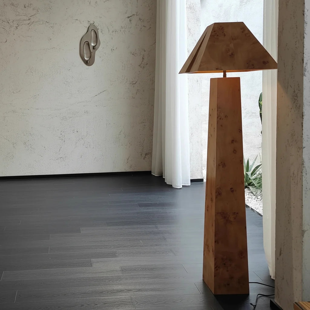 Burl Wood Column Floor Lamp Angular Shade | Bedside or Sofa Light E26/e27 Dimmable Option Japandi Casalola Lights