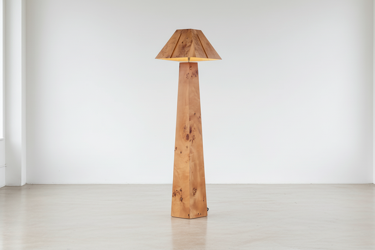 Burl Wood Column Floor Lamp Angular Shade | Bedside or Sofa Light E26/e27 Dimmable Option Japandi Casalola Lights