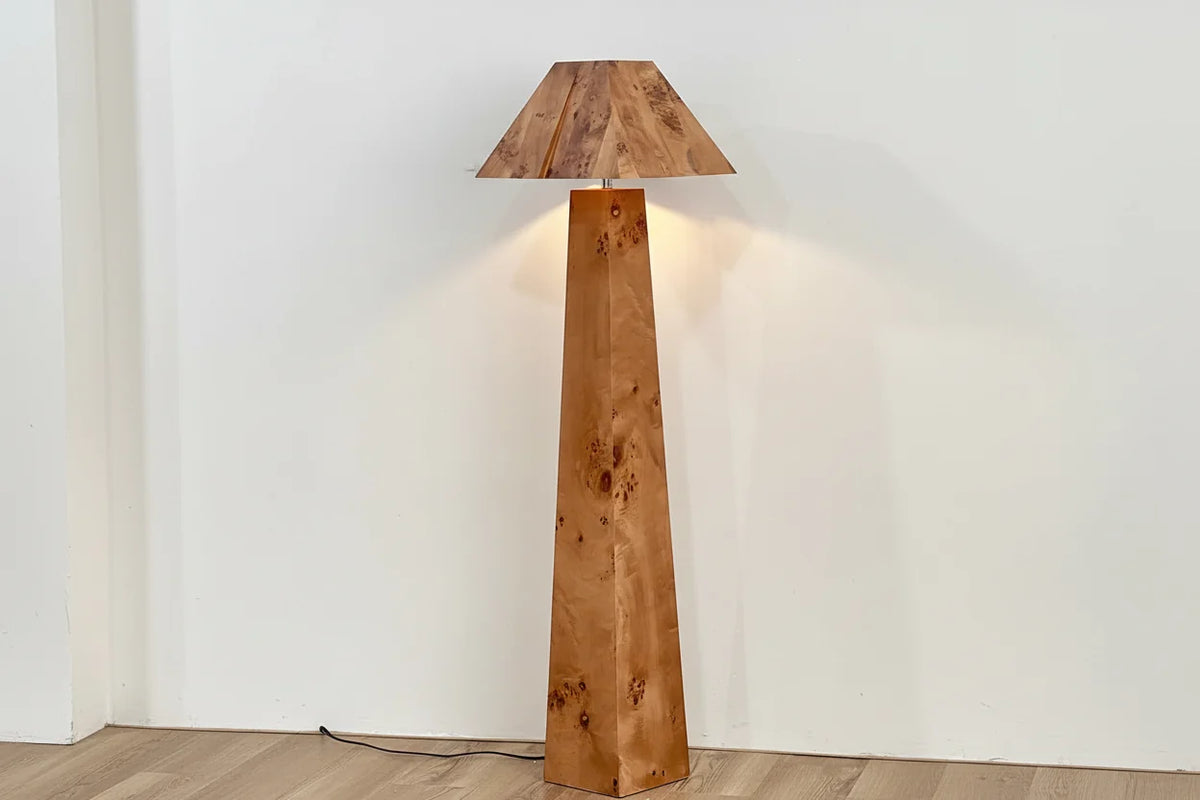 Burl Wood Column Floor Lamp Angular Shade | Bedside or Sofa Light E26/e27 Dimmable Option Japandi Casalola Lights