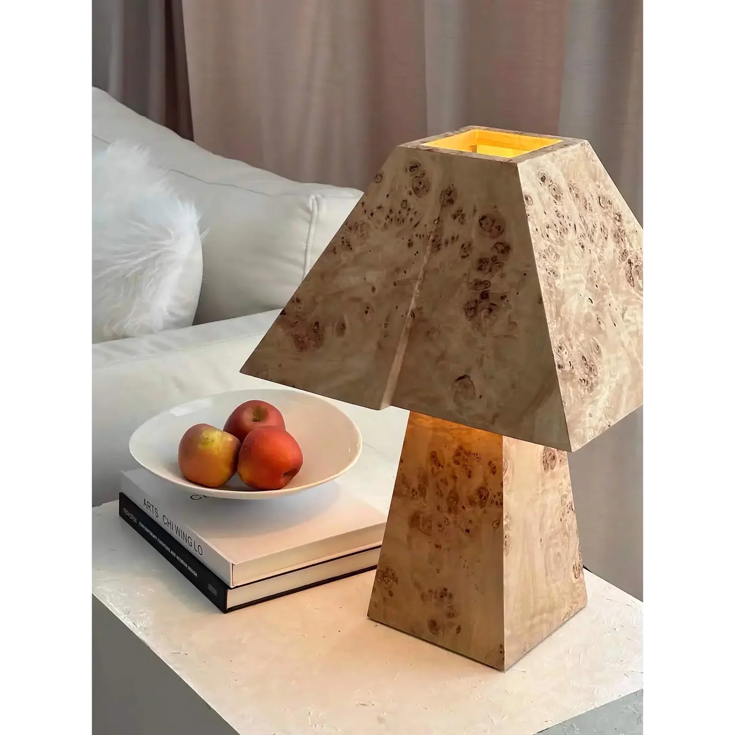 Burl Wood Table Lamp | Geometric Sculptural Veneer Lighting