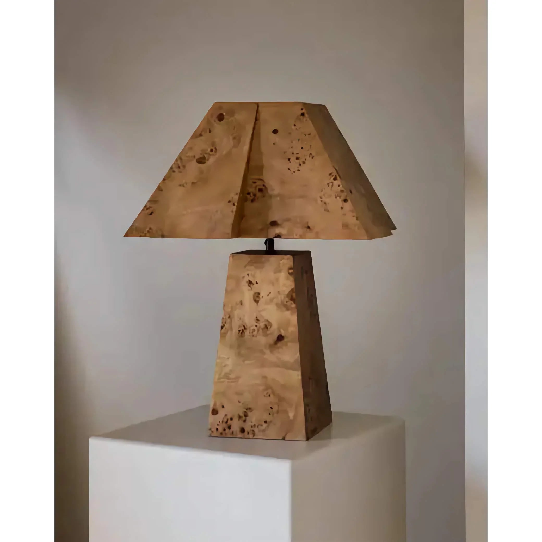Burl Wood Table Lamp | Geometric Sculptural Veneer Lighting