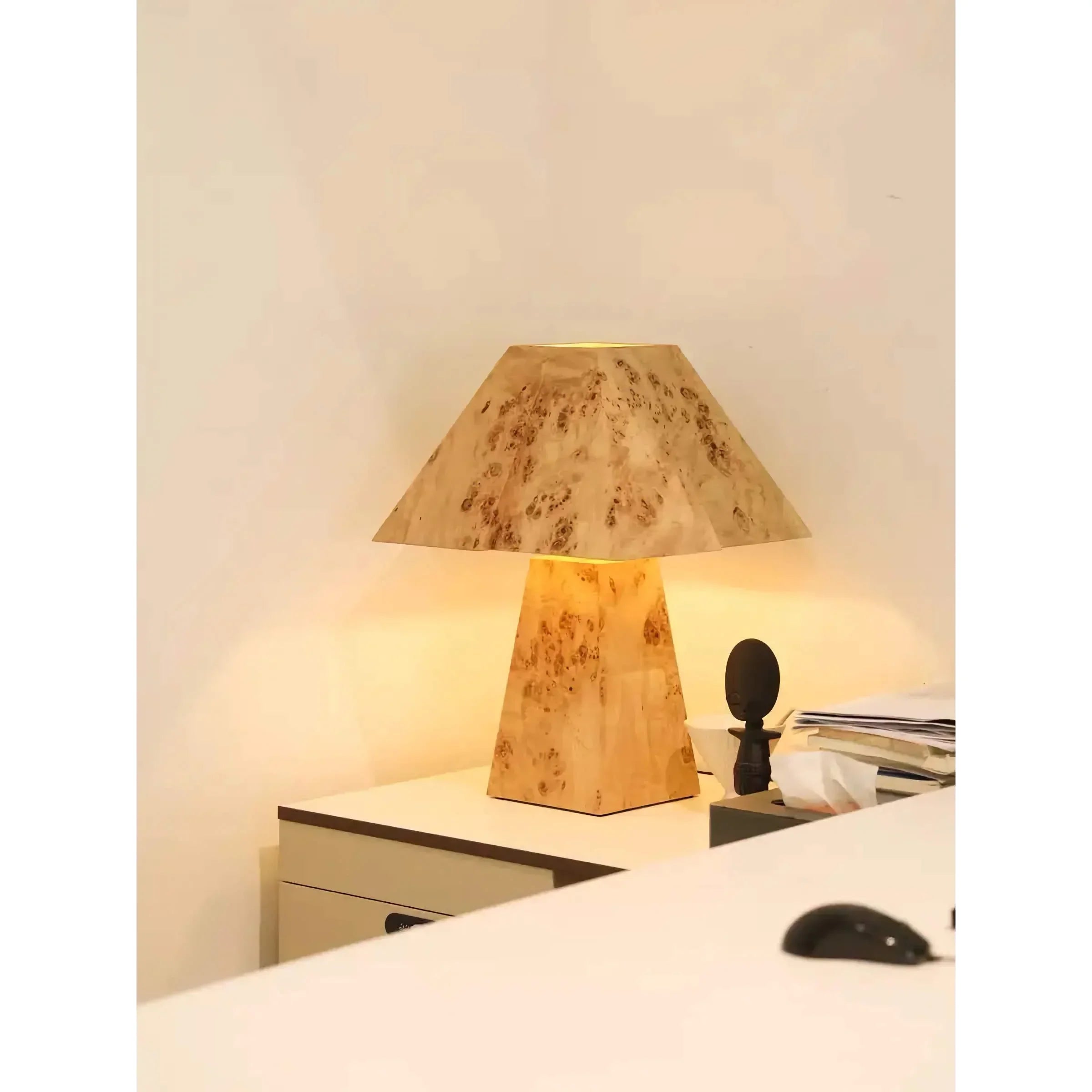 Burl Wood Table Lamp | Geometric Sculptural Veneer Lighting