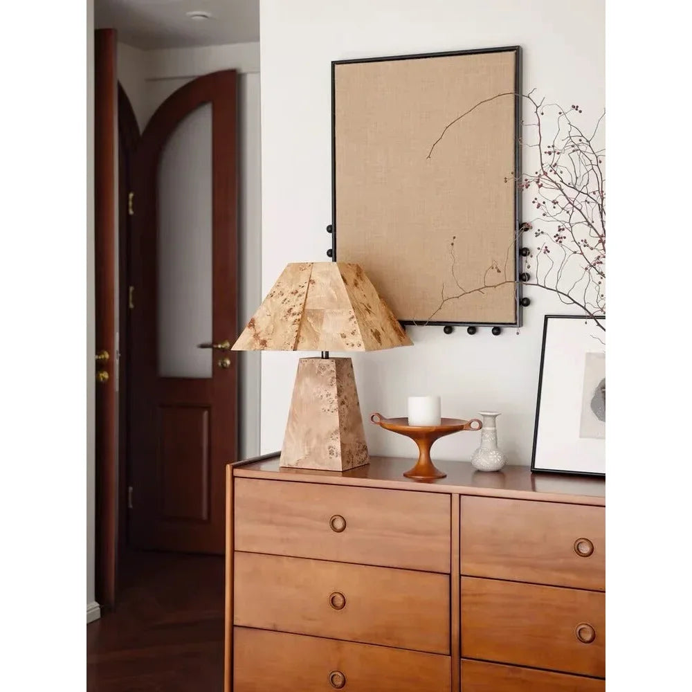 Burl Wood Table Lamp | Geometric Sculptural Veneer Lighting