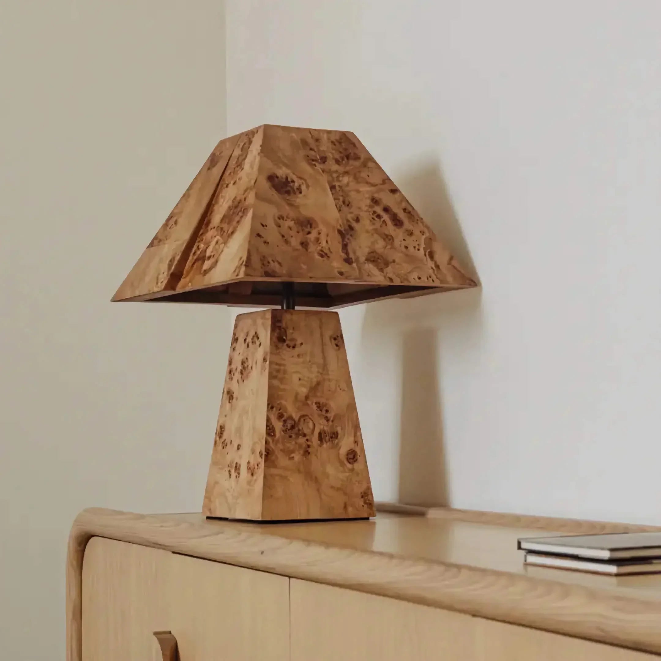 Burl Wood Table Lamp | Geometric Sculptural Veneer Lighting
