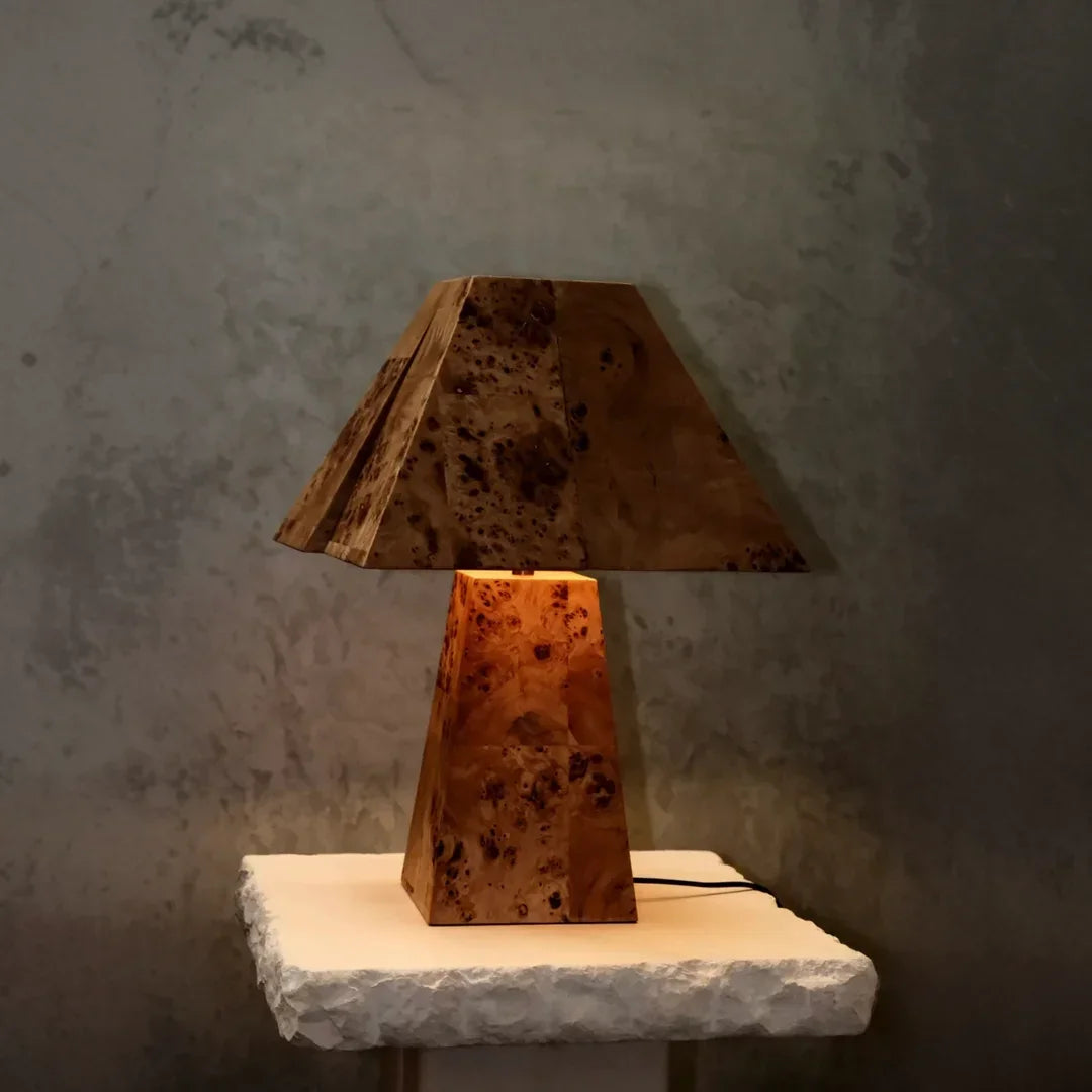 Burl Wood Table Lamp | Geometric Sculptural Veneer Lighting