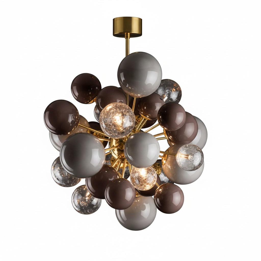 Grey glass globe chandelier in a living room