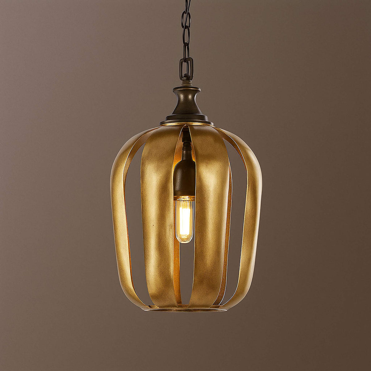 Antique Gold Cage Pendant Light for Kitchen or Dining Room | Curved Iron Bands 9.8 16.9 Inch Wide Casalola Lights