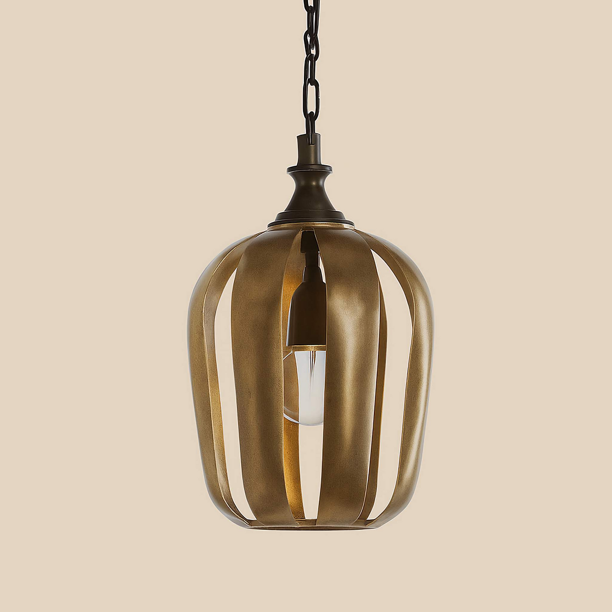 Antique Gold Cage Pendant Light for Kitchen or Dining Room | Curved Iron Bands 9.8 16.9 Inch Wide Casalola Lights