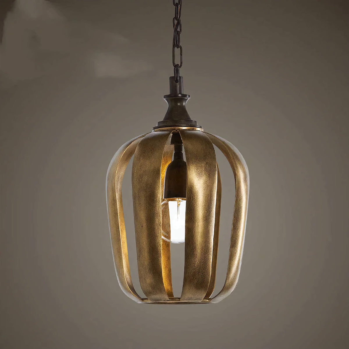 Antique Gold Cage Pendant Light for Kitchen or Dining Room | Curved Iron Bands 9.8 16.9 Inch Wide Casalola Lights