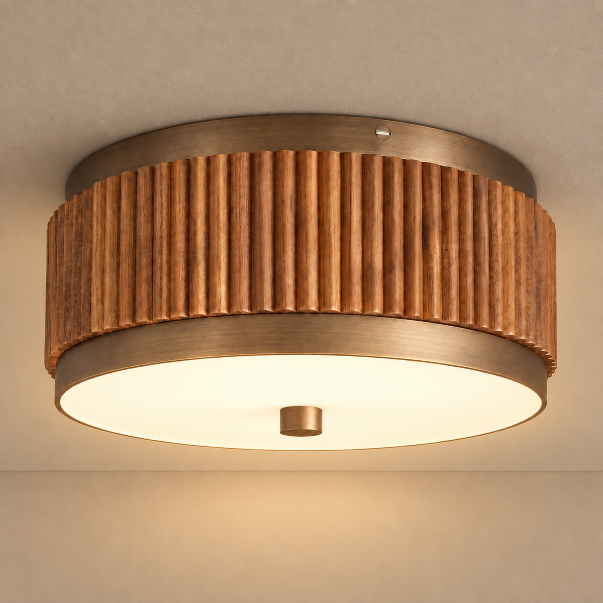 Fluted Solid Wood Flush Mount Brass Edge | Small Warm Ceiling Light for a Low Bedroom Casalola Lights Luxury Lamps