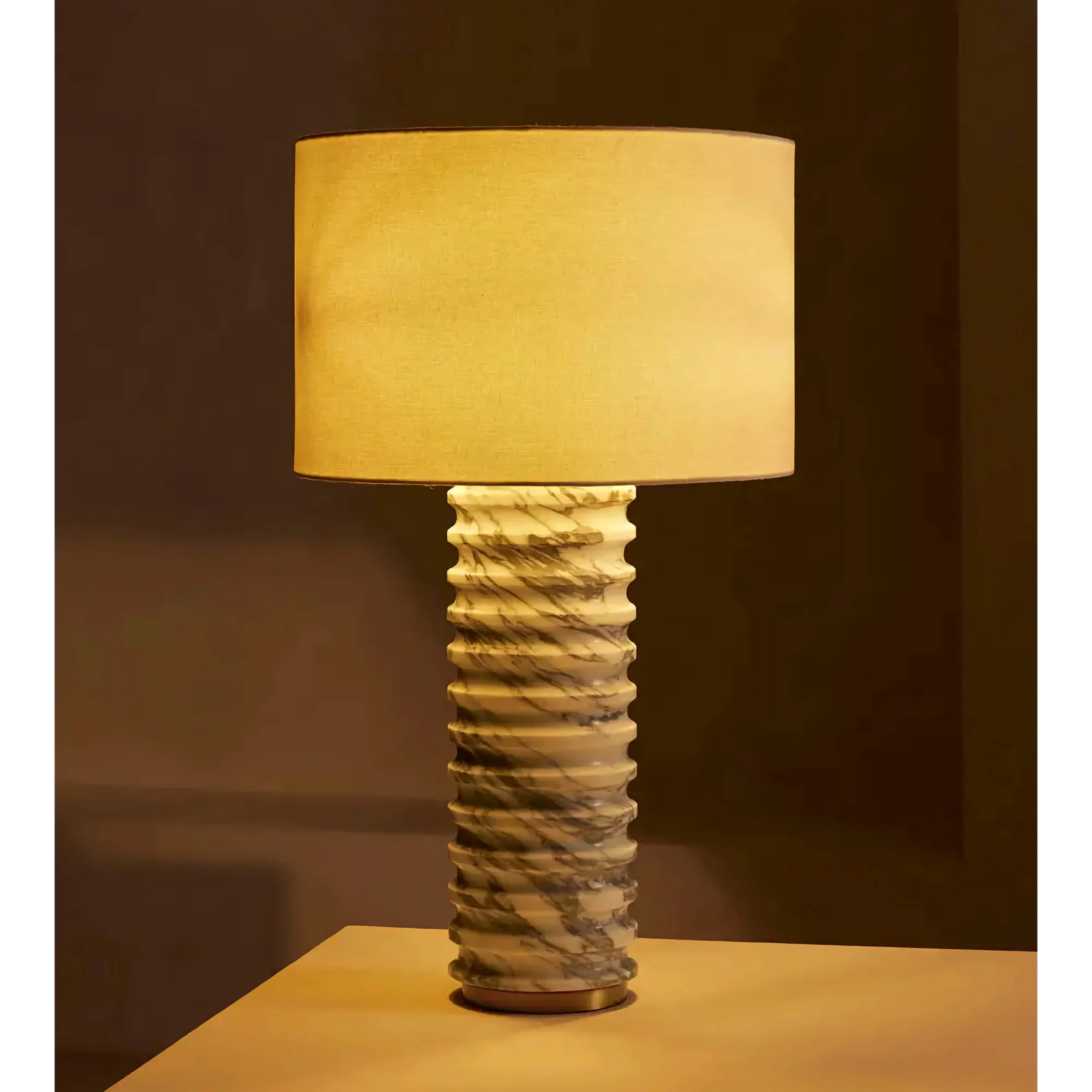 Carved Italian Marble Table Lamp | Drum Shade Modern Column