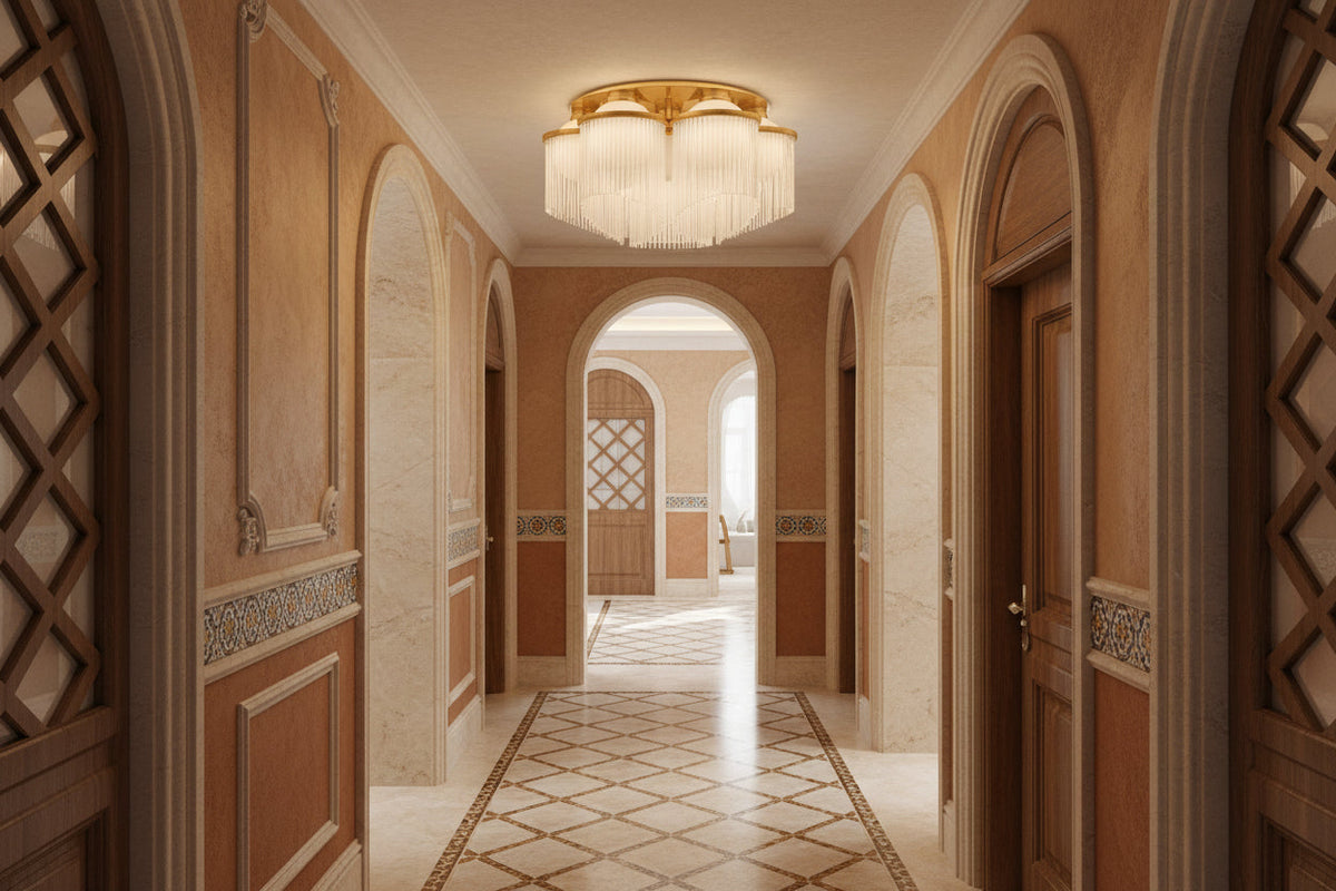 Crystal Flush Mount Chandelier for Bedroom or Entryway | 26 in Wide Low Ceiling Tiered Brass Discs Casalola Lights