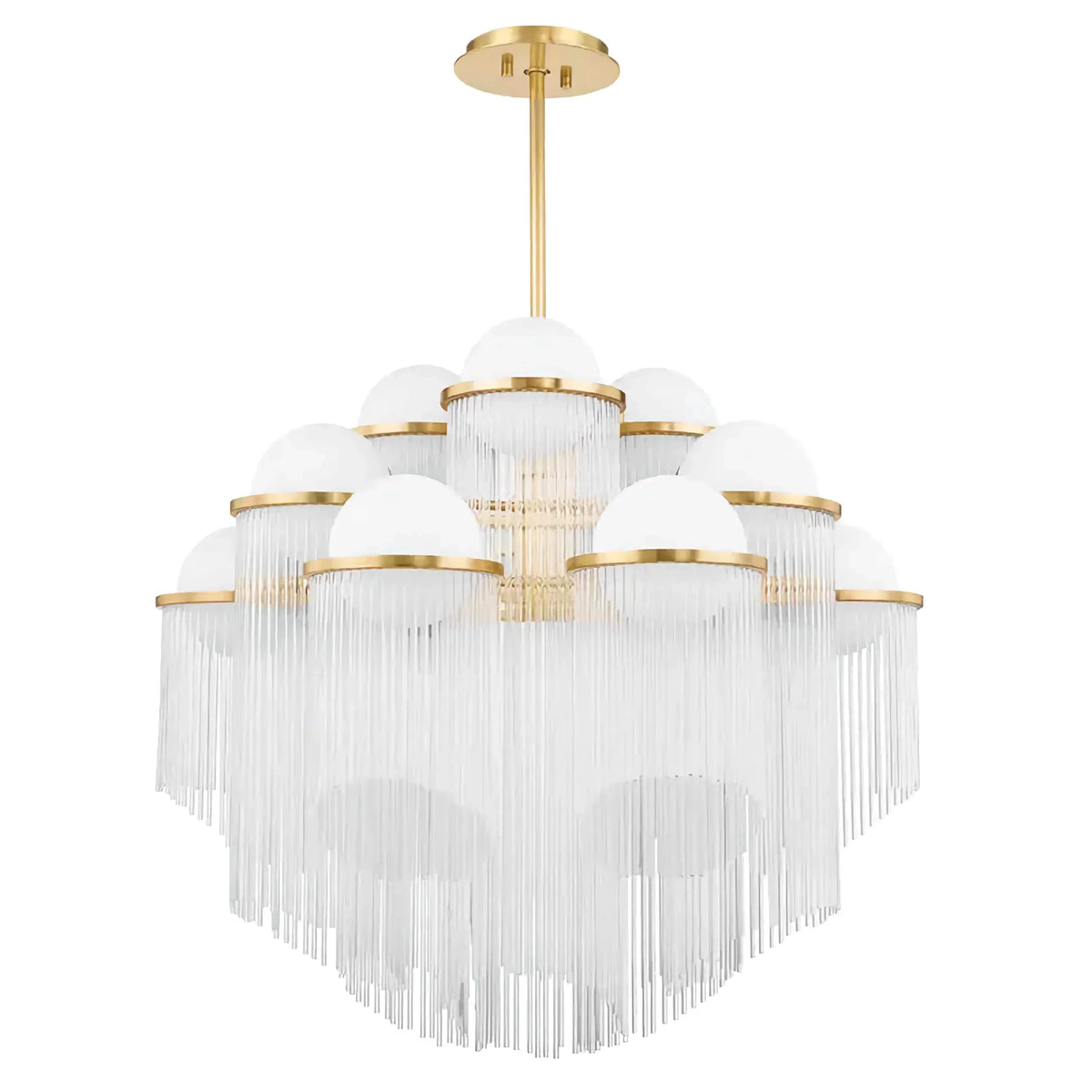 Glass Rod Chandelier for Dining Room or Foyer | 12 Lights Opal Globes Brass 26 31 39 Inch Wide Casalola Luxury Lamps